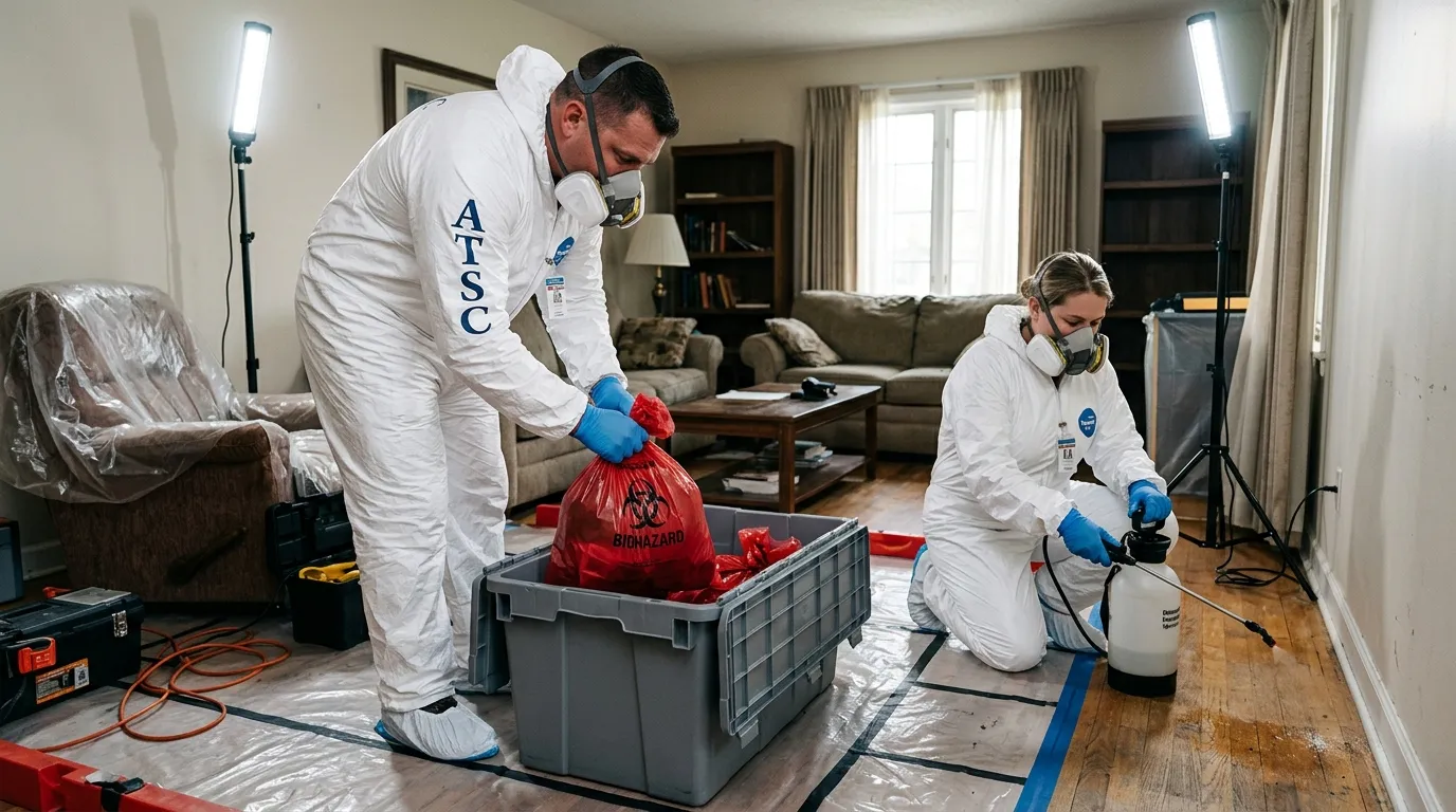 Professional Biohazard Cleanup technician in full PPE working in Ormond-by-the-Sea